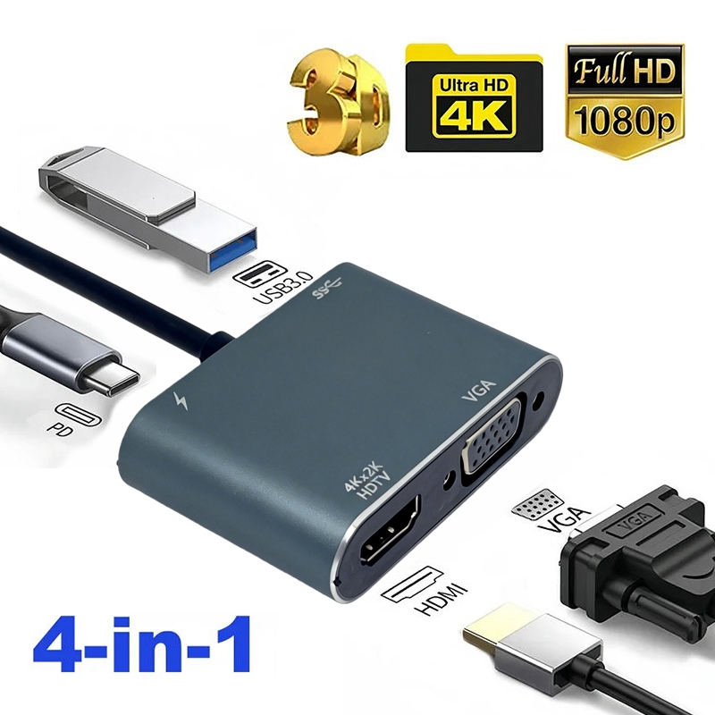 4 em 1 Hub USB-C compatível com HDMI 4K, VGA, porta USB, adaptador de carregamento digital AV PD para MacBook