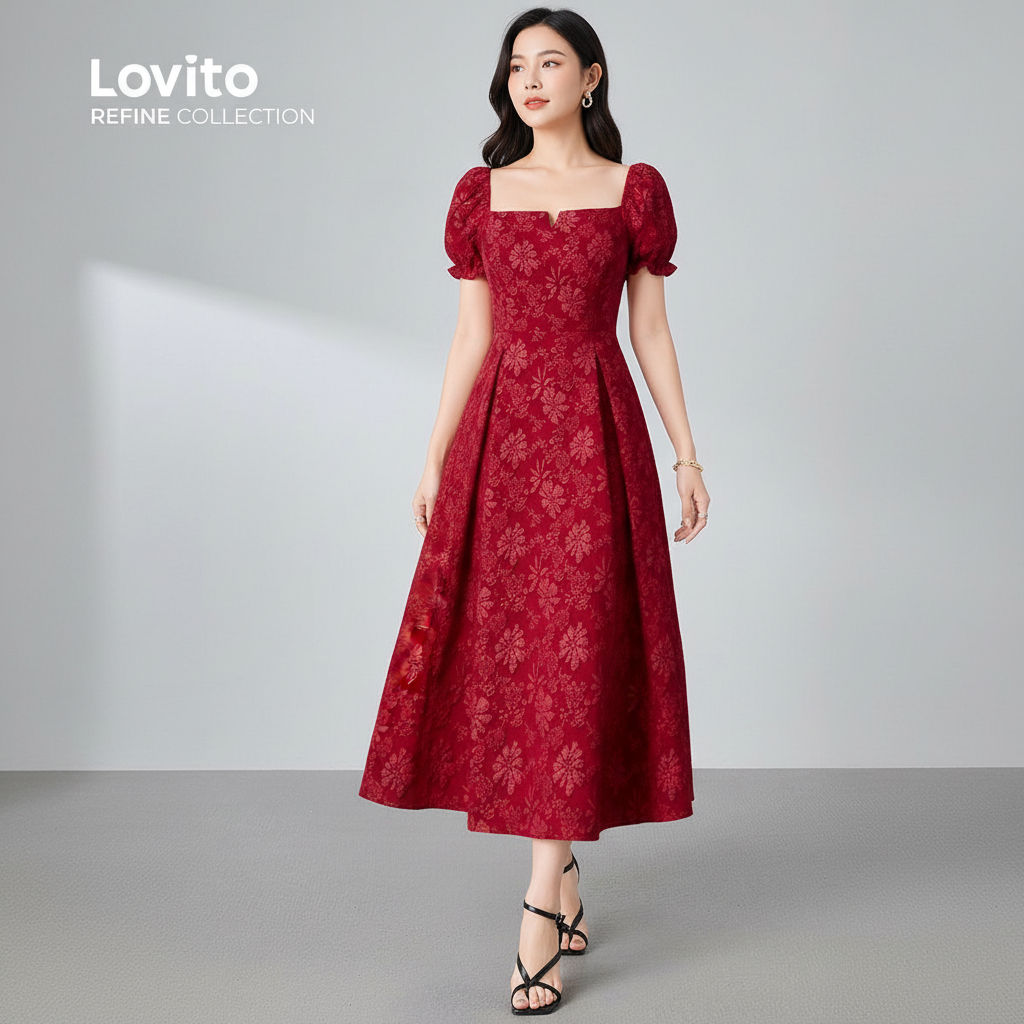 Lovito Refine Vestido Longo Luxo Elegante Para Mulheres Com Zíper Vermelho Primavera Verão LR23L063