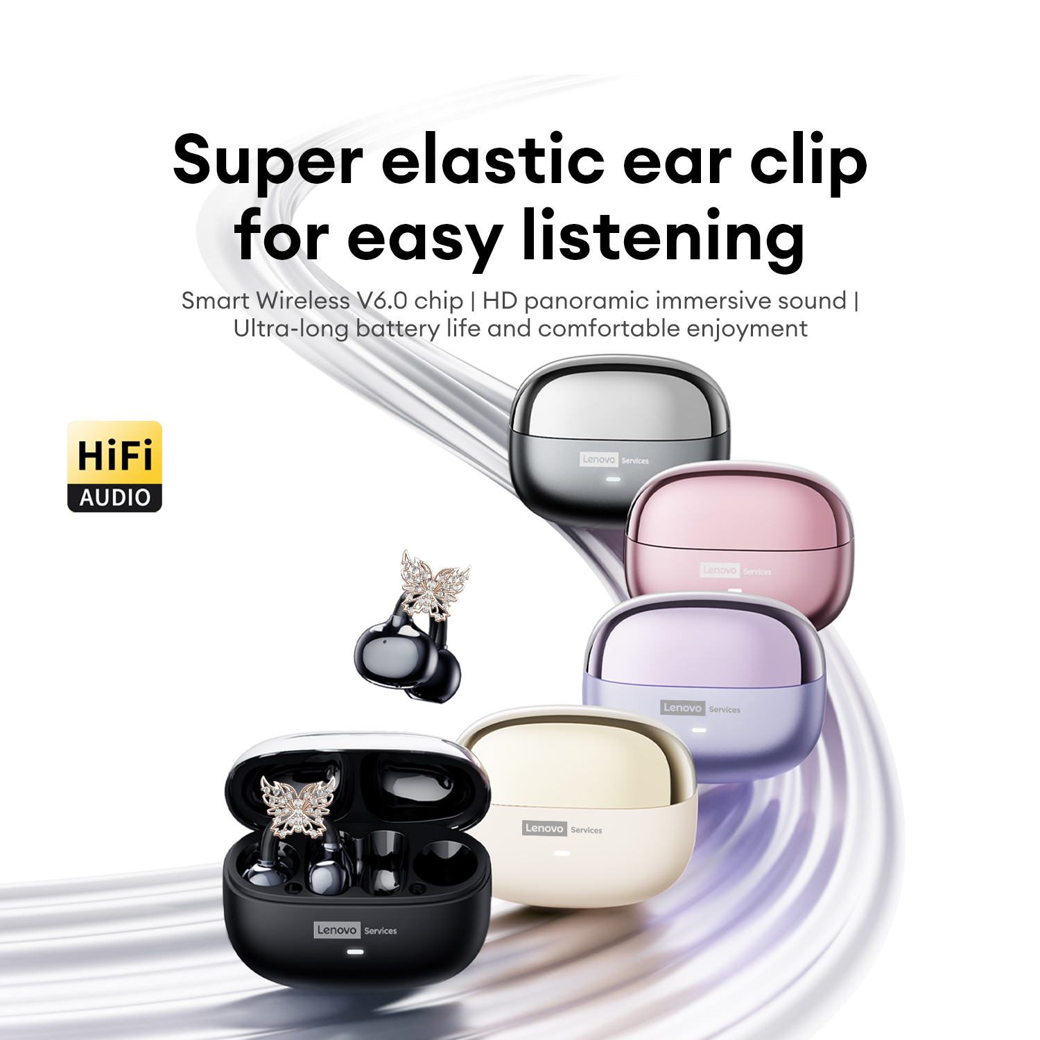 Fones de ouvido Lenovo LE302 Bluetooth, Fones de ouvido para jogos com clipes auriculares superelásticos, Fones estéreo