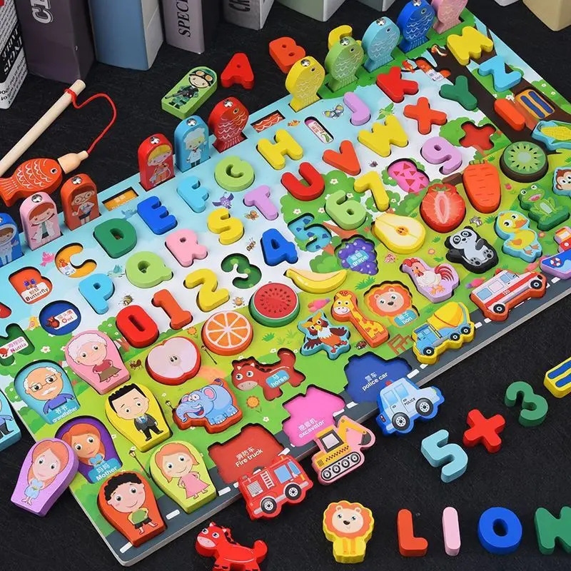 Montessori Brinquedos De Madeira Frutas Alfabeto Digital Animal Tráfego Figura Correspondência Quebra-Cabeça Ocupado Pla