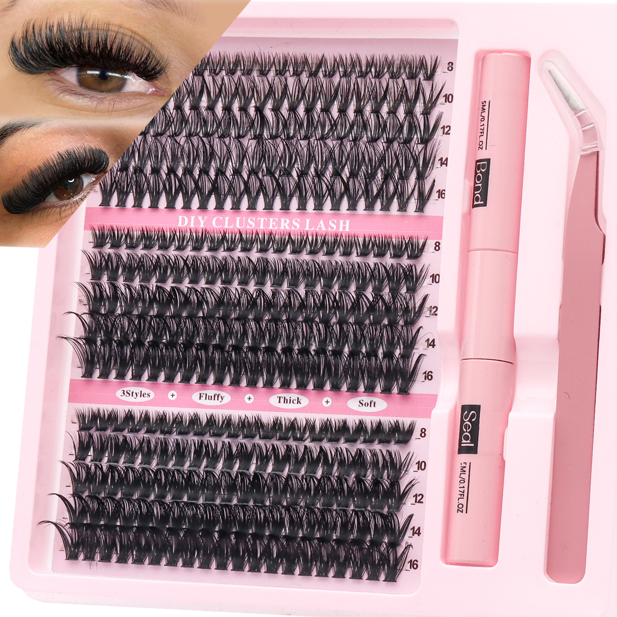 Kit De Clusters De Cílios Individuais Naturais Finos , Onda C 16-18mm , Conjunto De Extensão DIY Com Ferramentas