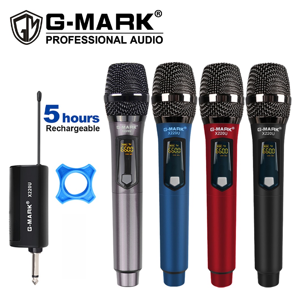 Microfone Sem Fio Profissional G-MARK X220U UHF com Microfone de Mão e Receptor Recarregável de 5 Horas