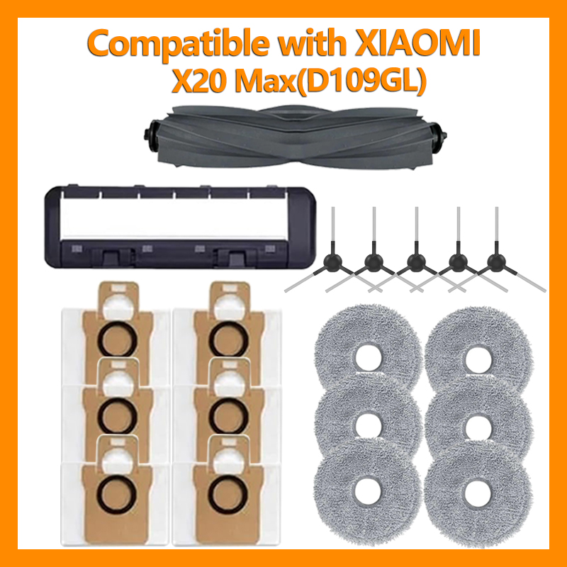 Kit de peças de reposição para aspirador robô compatível com Xiaomi X20 Max D109GL: escova, filtro, saco coletor de pó e