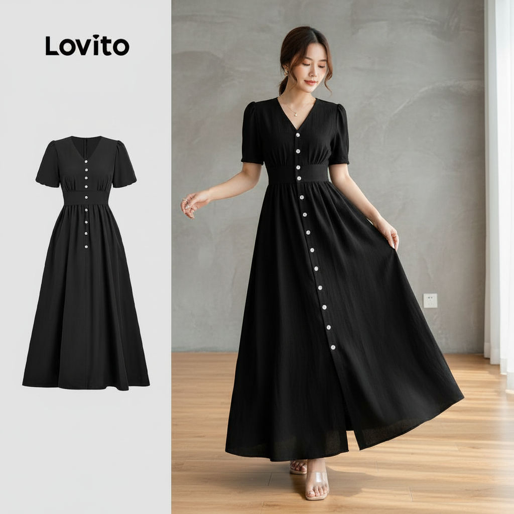 Lovito Vestido Preto Sofisticado com Botões Frontais e Pregas para Primavera/Verão Feminino LBL32142