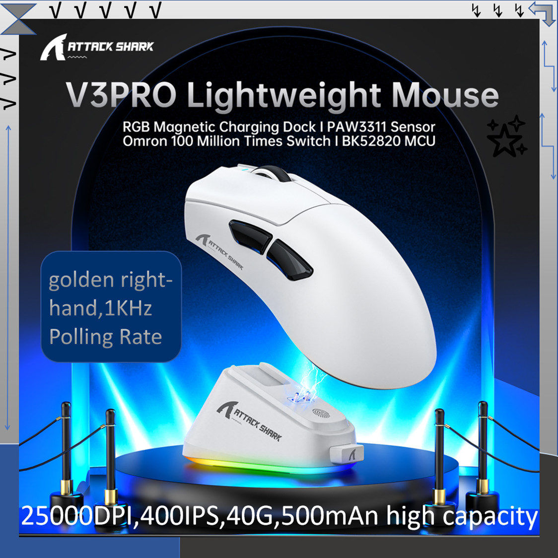 Mouse Gamer Leve ATTACK SHARK V3PRO com Sensor PAW3311, 25000DPI, 400IPS, 40G, Interruptor Omron de 100 milhões de
