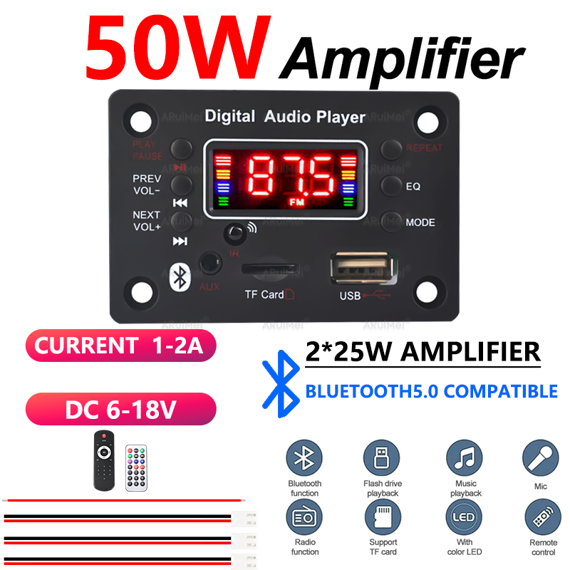 Placa Amplificadora Bluetooth Com Display 2 * 25W 6V-18V Caixa De Plástico De Ampla Tensão Para Áudio De Carro Projeto D