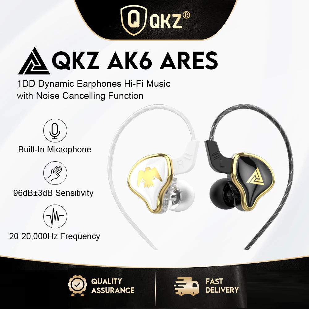  Fones de ouvido QKZ AK6 Ares, driver dinâmico 1DD, Hi-Fi, esportivos, intra-auriculares com cancelamento de ruído,