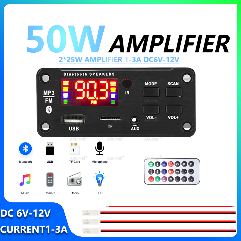 Módulo Amplificador Bluetooth Mini de 2x25W 6V-12V DC com Controle Remoto e Gabinete para Áudio Doméstico