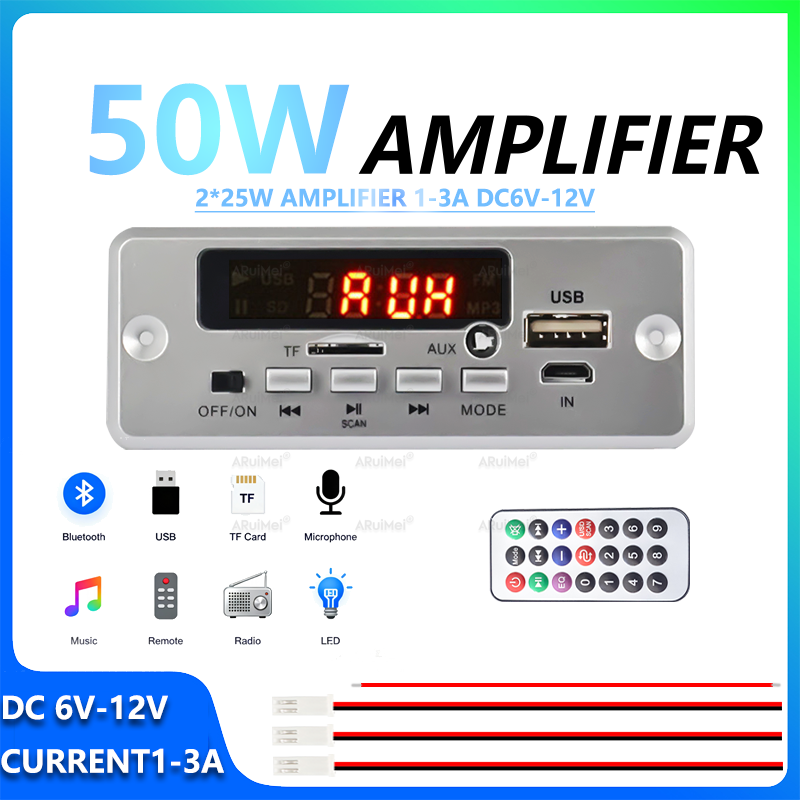 Placa amplificadora Bluetooth classe D 2x25W DC 6V-12V, controle remoto, caixa prateada, sistema de áudio Pro