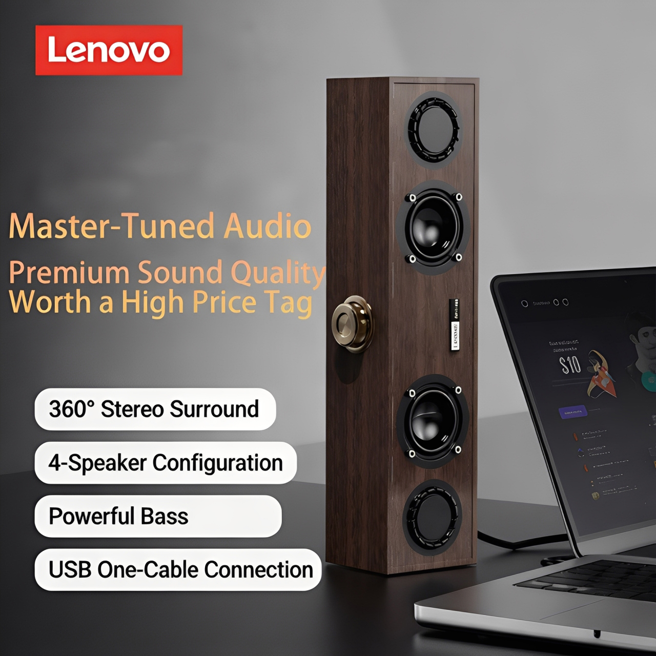 Lenovo CO2 Art Frame Soundbar 360 Surround Sound Alto-Falante De Computador Subwoofer Alimentado Por USB 4 Drivers Bluet