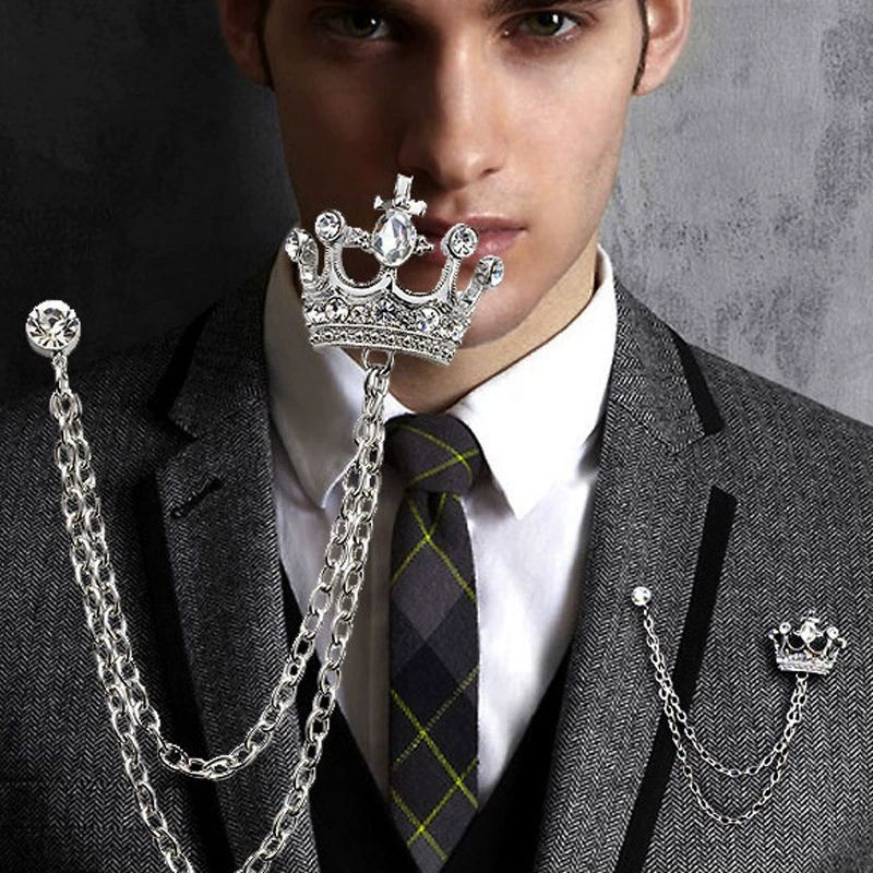 Estilo Britânico Terno Corrente Broche Coroa Emblema Vintage Masculino Lapela Pino Elegante Acessório De Roupa Formal