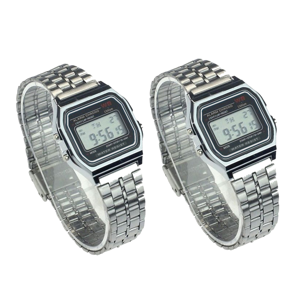 2 Peças Unissex Quadrado Relógio Digital Retro Eletrônico Prata Pulseira De Aço Inoxidável Masculino Feminino Presente