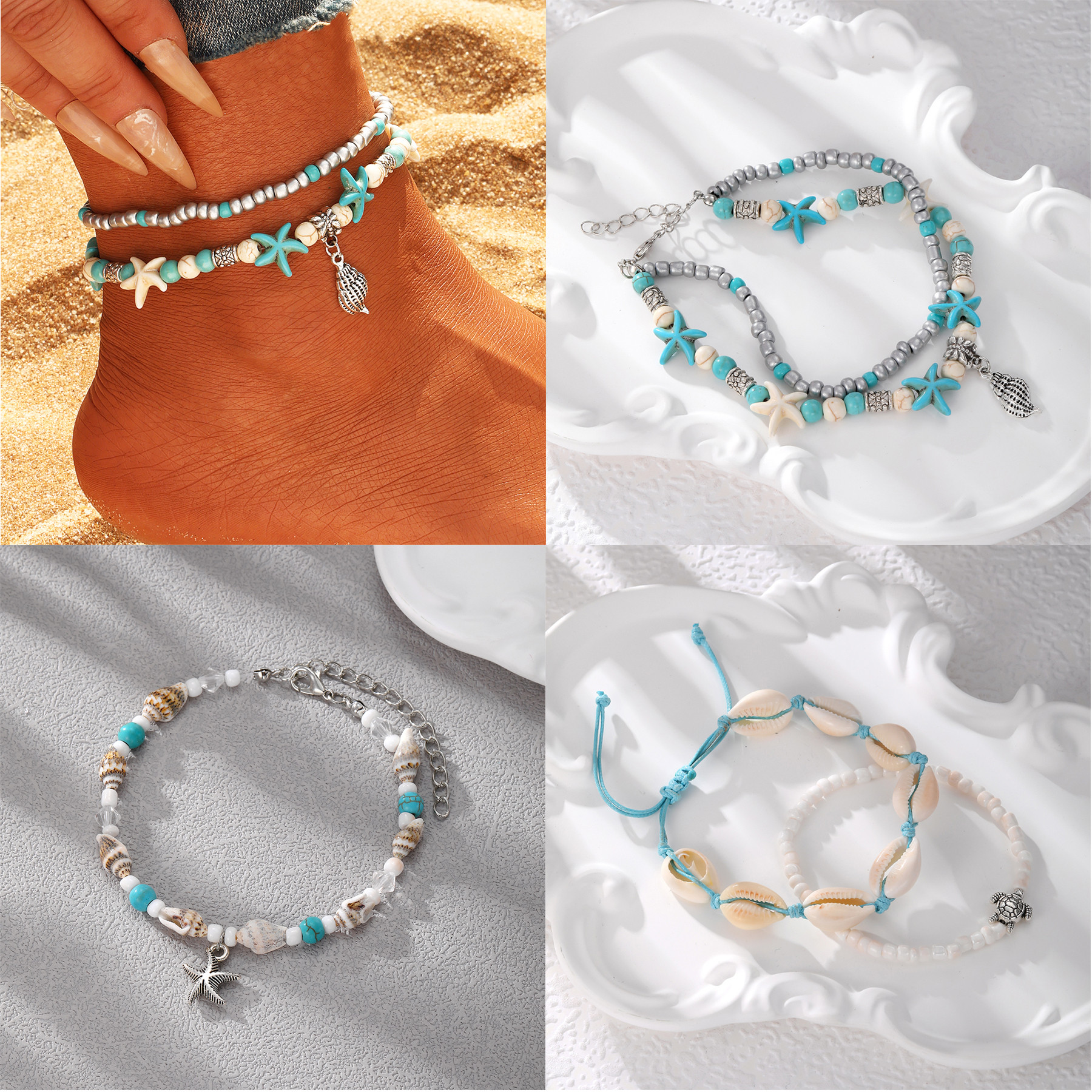 Afydecor Vintage Tartaruga Concha Estrela Do Mar Tornozeleira Turquesa Grânulo Verão Praia Férias Jóias Para Mulher
