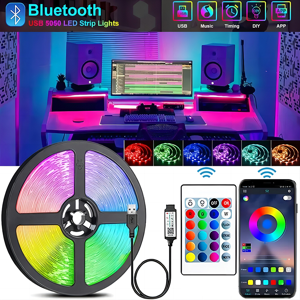 Fita LED USB Bluetooth RGB 5V-5050 SMD Flexível Autoadesiva Para Decoração De Mesa De TV 1-5M