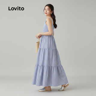 Lovito Vestido Casual Feminino com Estampa Azul em Camadas para Primavera e Verão LBL30101 em Oferta na Shopee