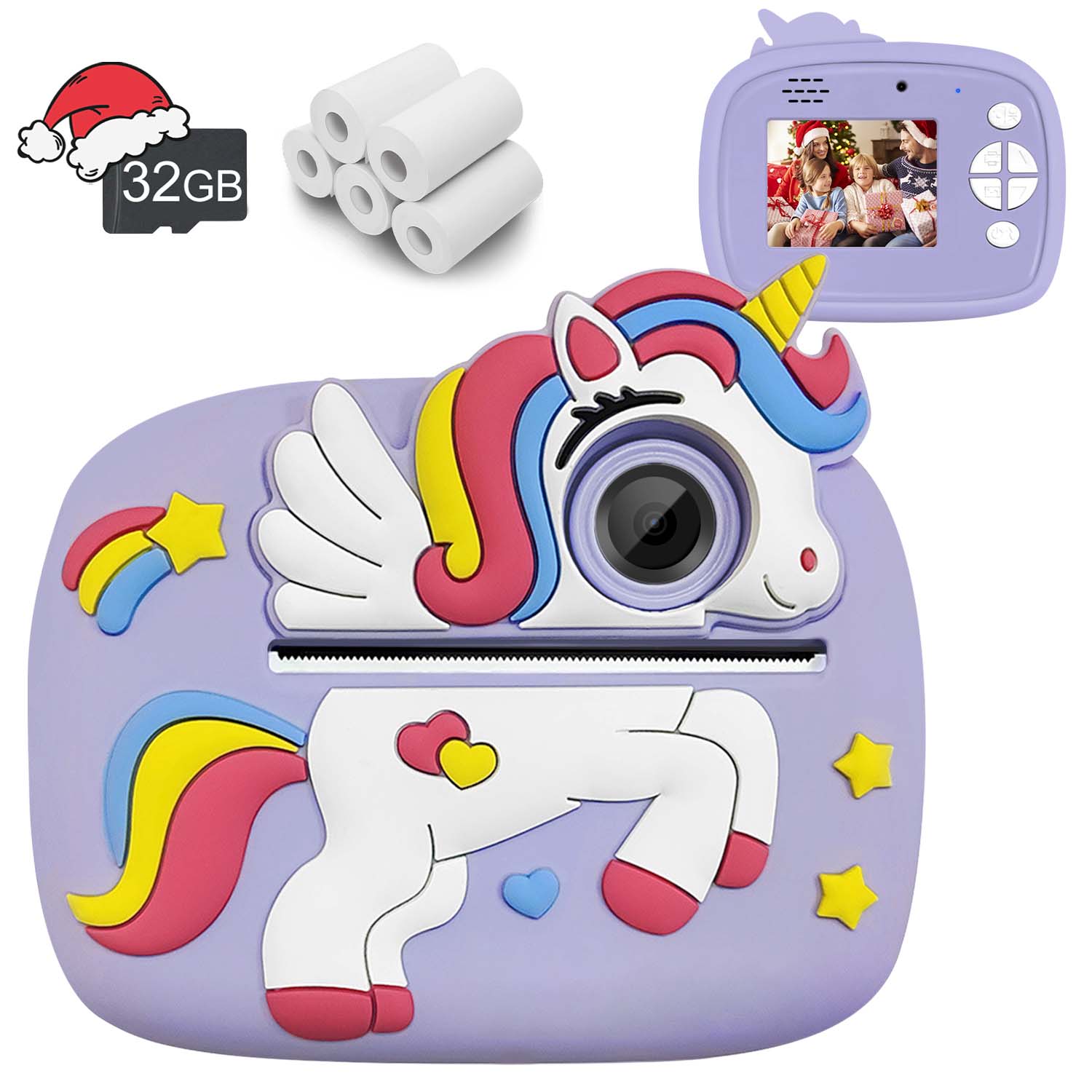 Câmera Instantânea Infantil, Roxo Unicórnio dos Sonhos com Cartão SD 32GB e Bobina de Papel de Impressão, Câmera
