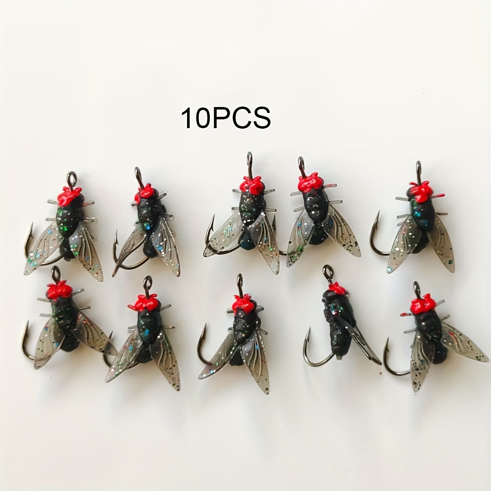 10/20 unidades Isca artificial macia com anzol, isca Black Fly em caixa • Isca para pesca de fly com cabeça vermelha •