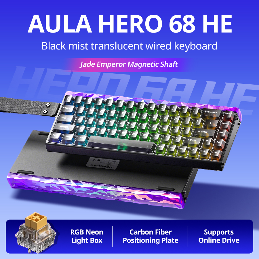 Teclado Mecânico AULA HERO 68HE com Interruptores Magnéticos – Teclado Gamer com Fio RT, 68 teclas, RGB, para laptop