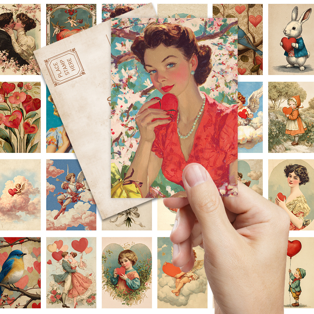 Conjunto De 32 Peças De Cartão Postal Vintage De Dia Dos Namorados , Expressão De Amor , Impressão HD Grossa Para Decora