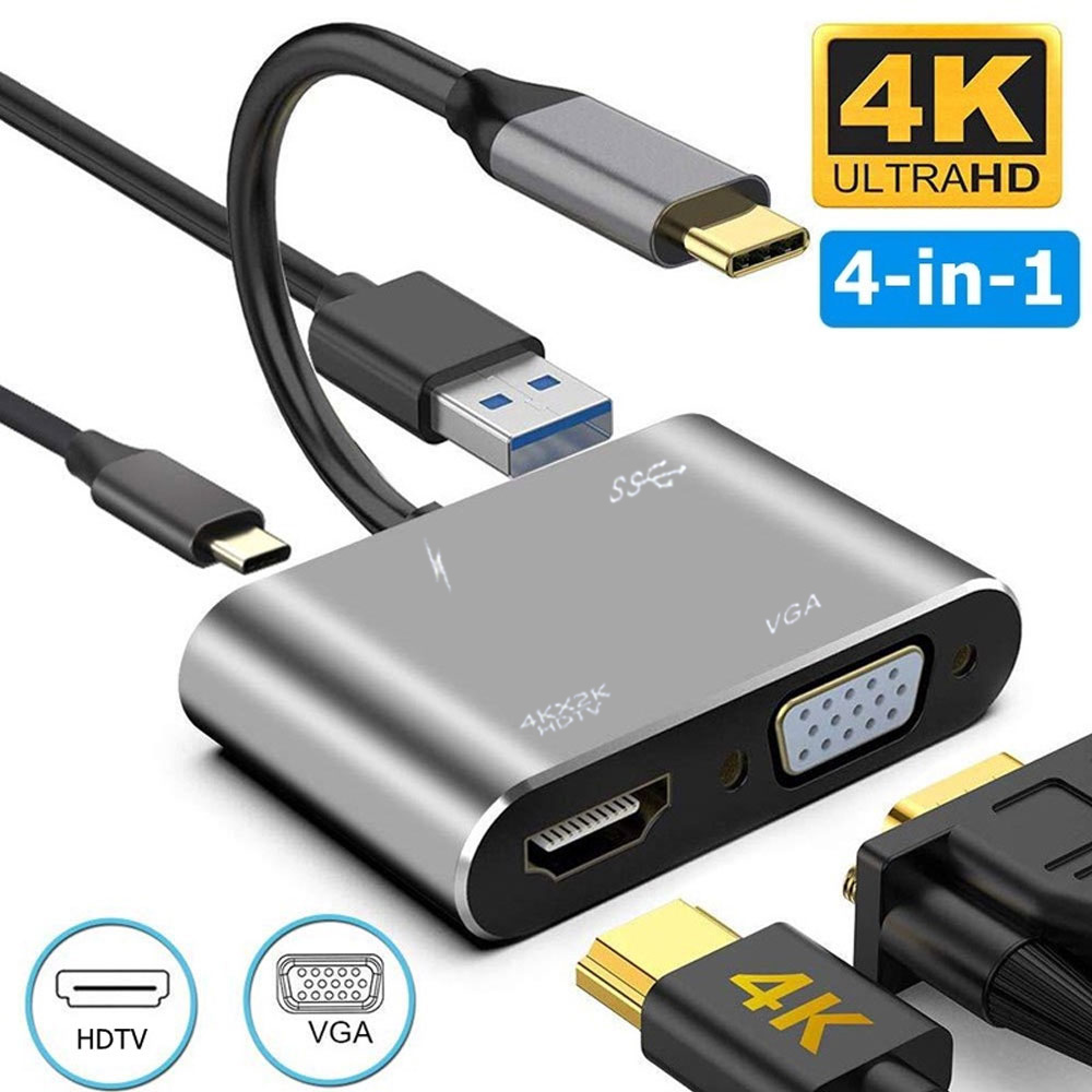 Adaptador 4K 60Hz USB C Para HDMI VGA 4 Em 1 Type Multiport Hub Conversor Divisor De Áudio E Vídeo Laptop MacBook PC TV