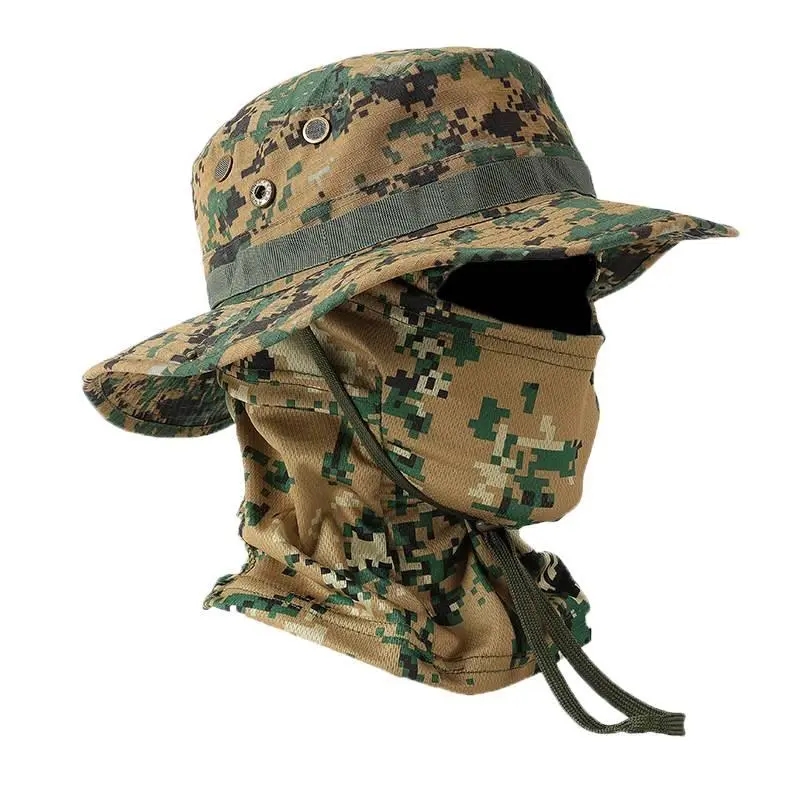 Chapéu Camuflado de Pesca, Boné de Beanie com Aba Redonda, Conjunto de Proteção Solar, Máscara Facial Tática para