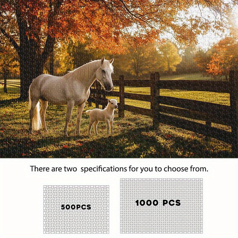 Floresta De Outono Cavalo Branco Potro Cerca De Madeira Cena Quente , 500-1000 Peças Quebra-Cabeça Festivo