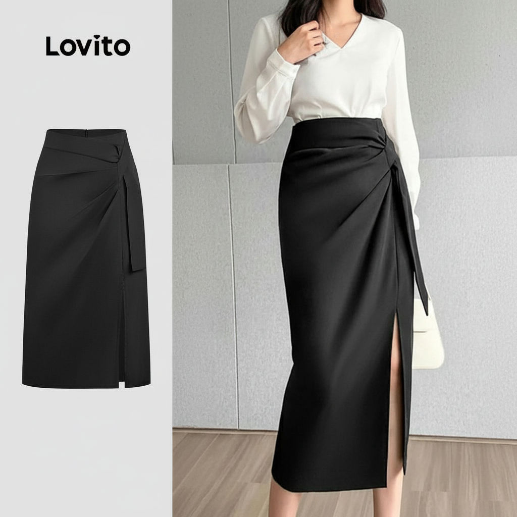Lovito Saias Femininas Sofisticadas com Fenda Frontal Primavera Verão Pretas para Mulheres L158ED1500 em Oferta na Shopee
