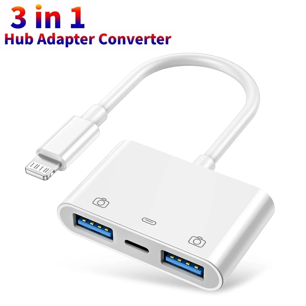 Adaptador OTG com Porta de Carregamento para iOS, Adaptador USB para iPhone, Adaptador para Pen Drive USB