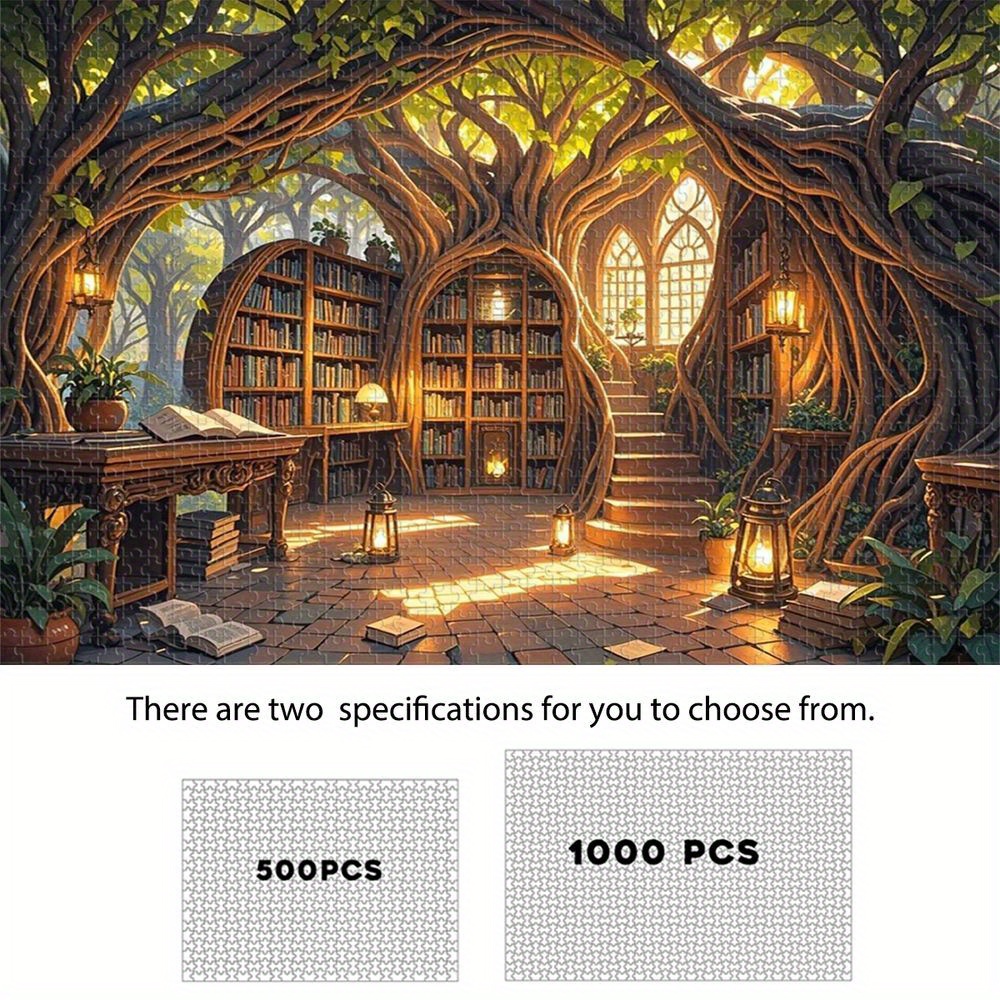 Quebra-Cabeça De Madeira Da Biblioteca Treehouse (500/1000 Unidades) , Livros De Plantas Verdes Luz Solar , Primavera Ar