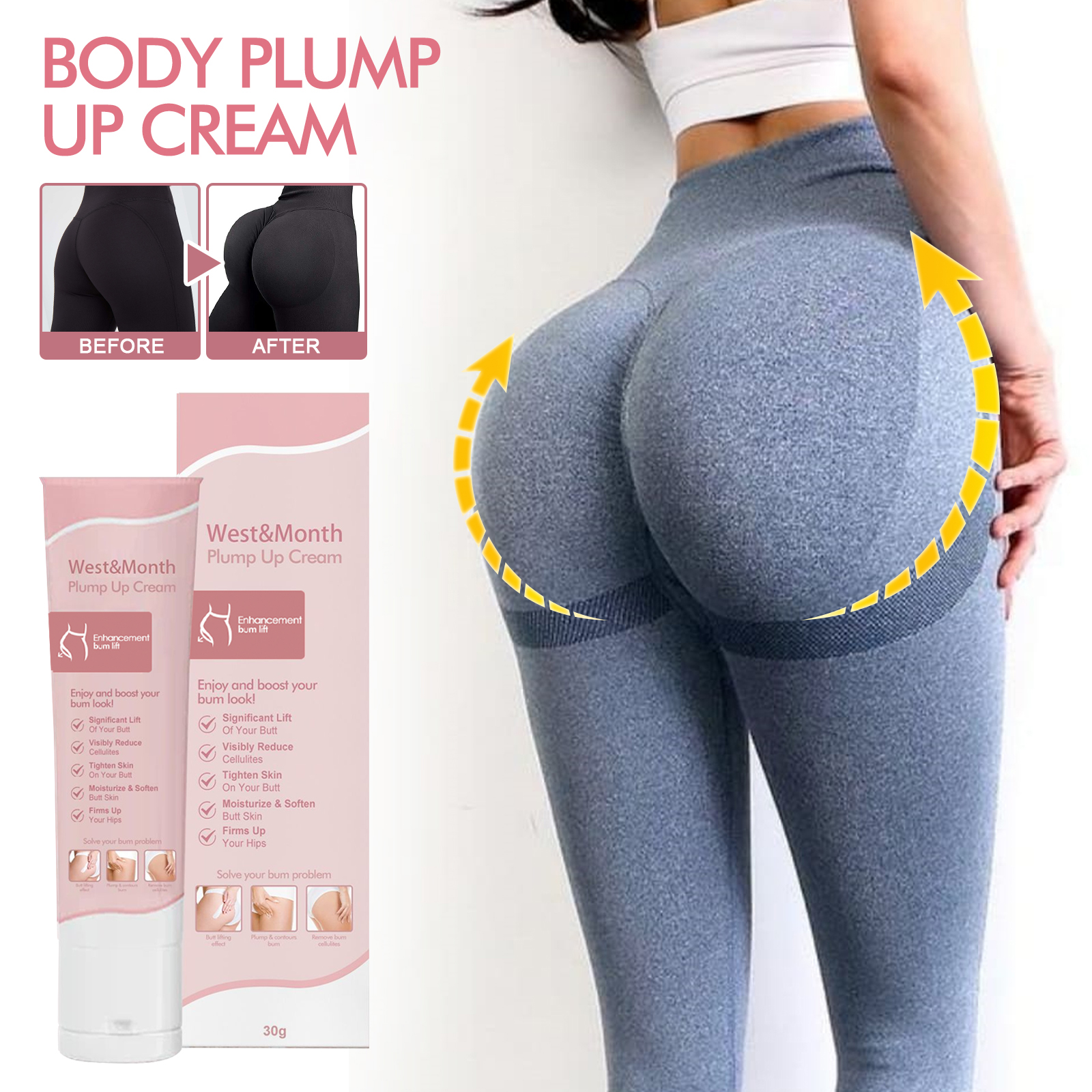 Creme de Massagem para Glúteos, com Ácido Hialurônico, Previne a Flacidez, Modela as Nádegas, Deixa o Bumbum Volumoso e