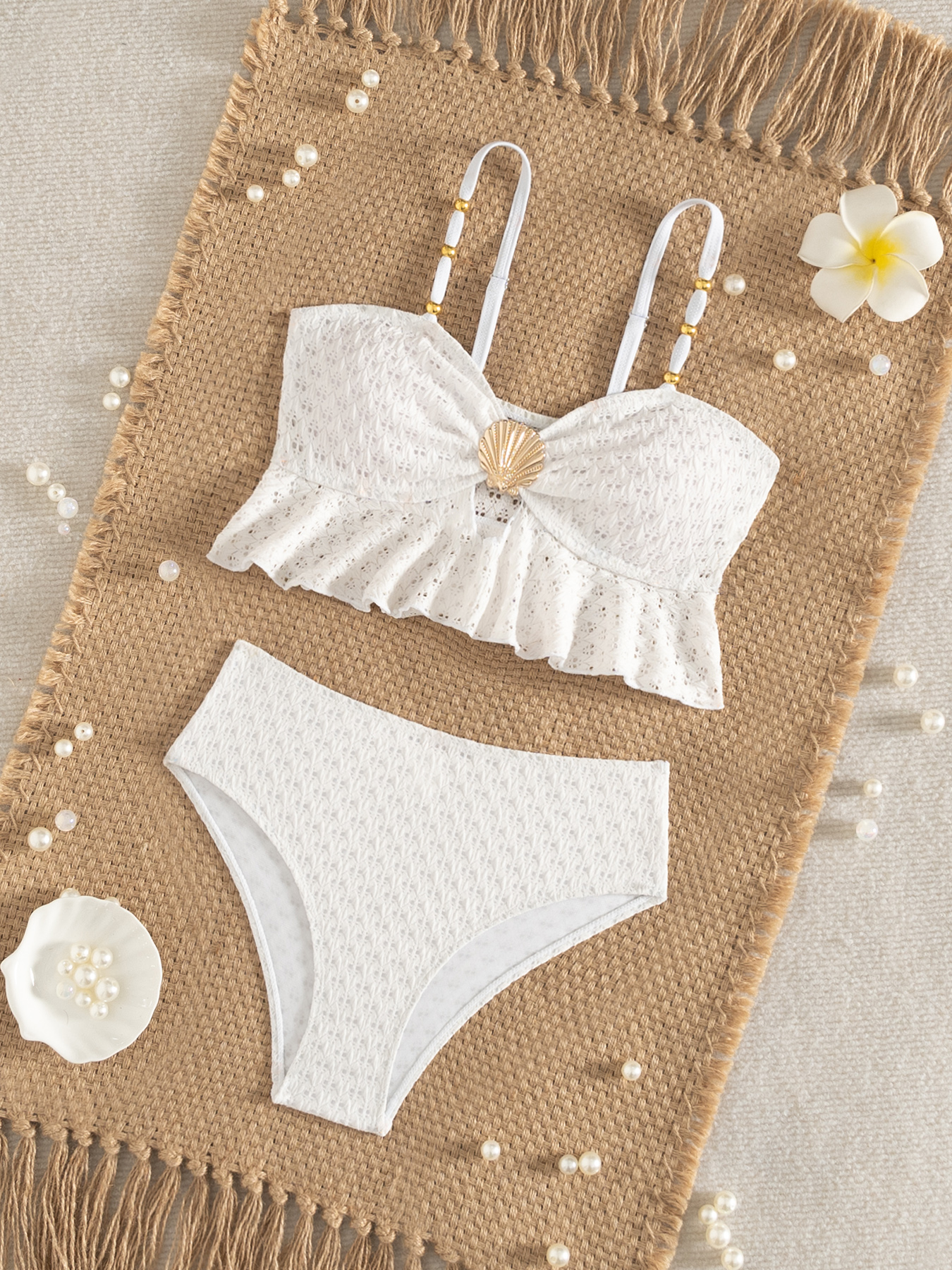 Novo biquíni com babado de concha, top tomara-que-caia, branco, cintura alta e modelador