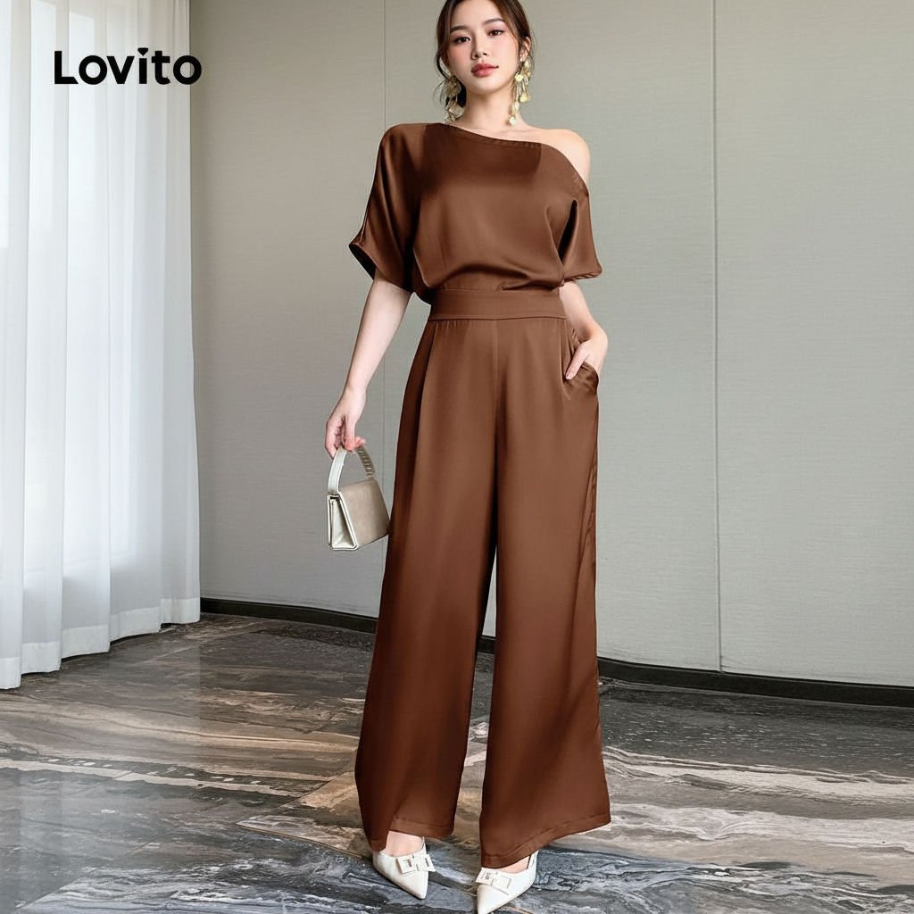 Lovito Macacão Feminino Elegante Ombro a Ombro Assimétrico Primavera Verão Marrom L157ED530
