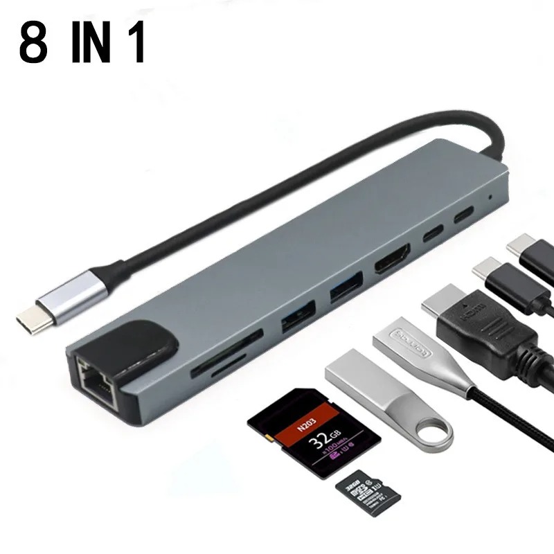 Hub USB C multifuncional com 8 portas para HDMI 4K HD, estação de acoplamento tipo C, divisor com RJ45, leitor de