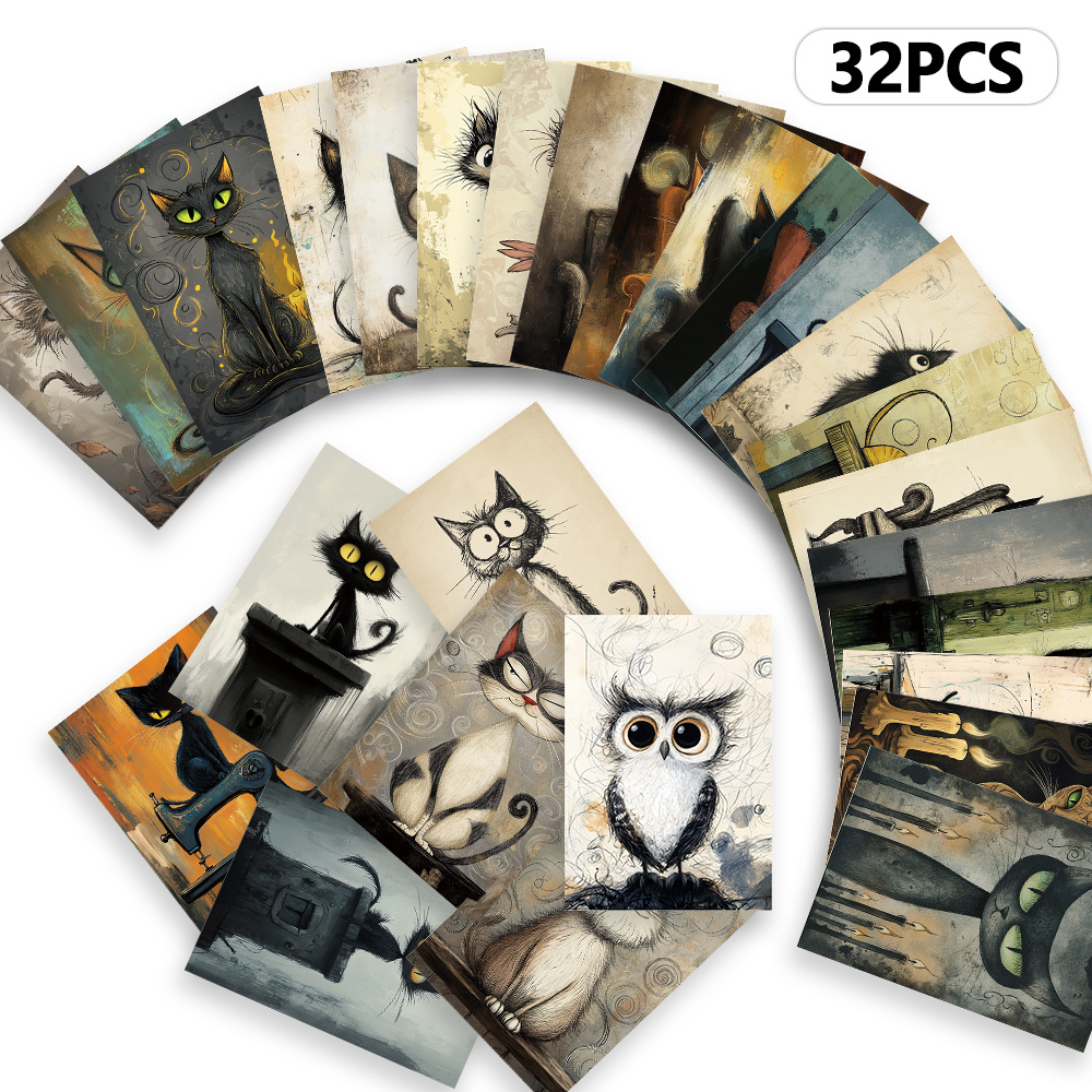 Vintage 32 Peças De Gatos Aquarela Chiques , Cartolina Grossa , Impressão Em Alta Definição , Adesivos Decorativos , Lem
