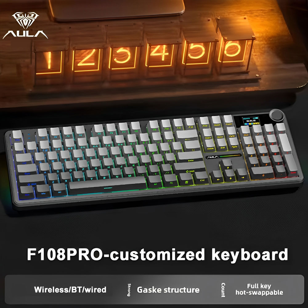 Teclado Mecânico Gamer F108 Pro, Tri-Modo, Personalizável, com Tela Multi-Botão RGB e Display Inteligente TFT Sem Fio