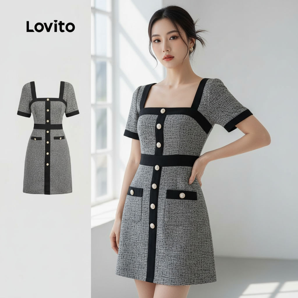 Lovito Vestido Casual Feminino Cinza para Primavera Verão LK2ED164