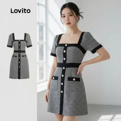 Lovito Vestido Casual Feminino Cinza para Primavera Verão LK2ED164