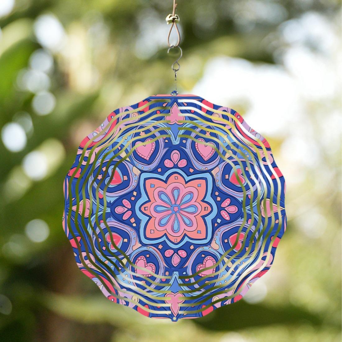 Carrilhão De Vento Mandala Coração Rosa Azul , Jardim De Metal Vibrante 360 ° Gancho Primavera Verão