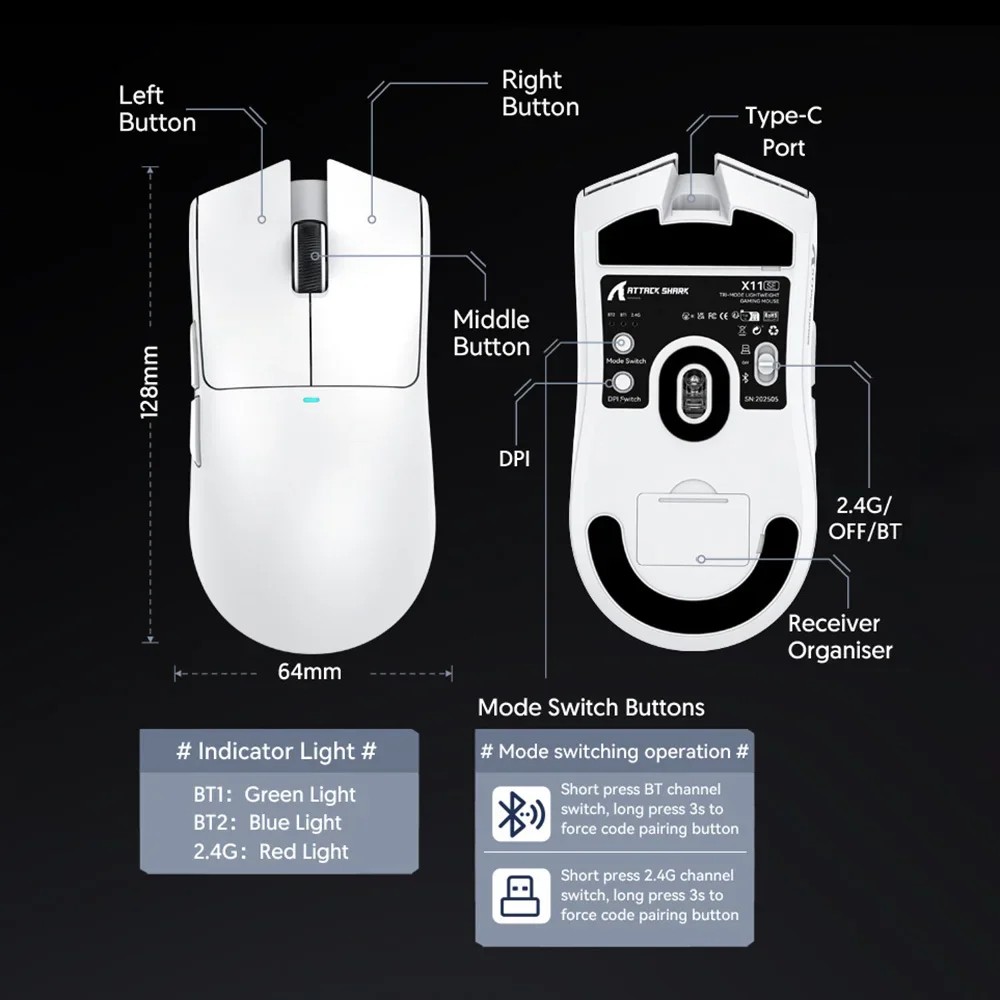 Mouse Gamer Leve Tri-Modo ATTACK SHARK X11 SE, Vida útil HUANO 20 milhões de cliques, PAW3311, 63g, 22000DPI, 400IPS · foto 2