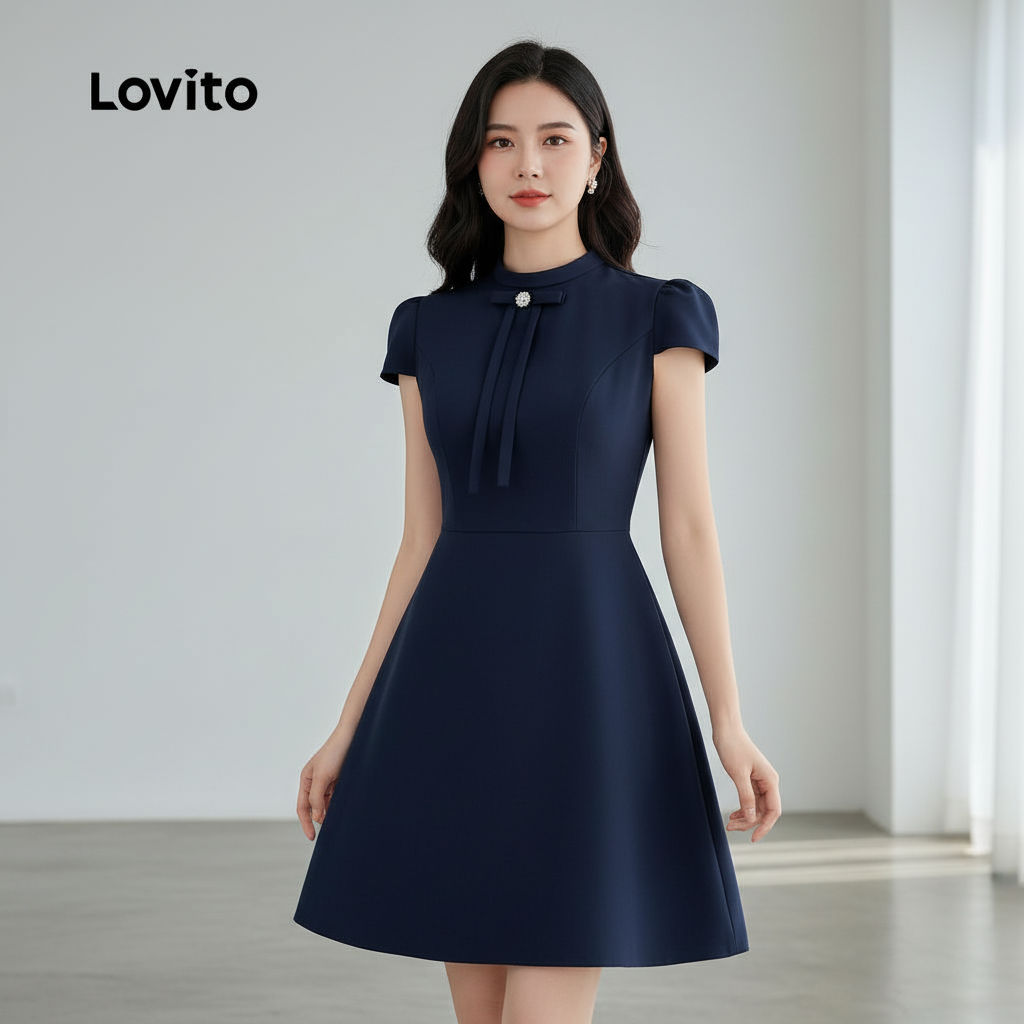 Lovito Refine Vestido Feminino Azul Marinho Com Laço Frontal Para Primavera Verão L172ED444 em Oferta na Shopee