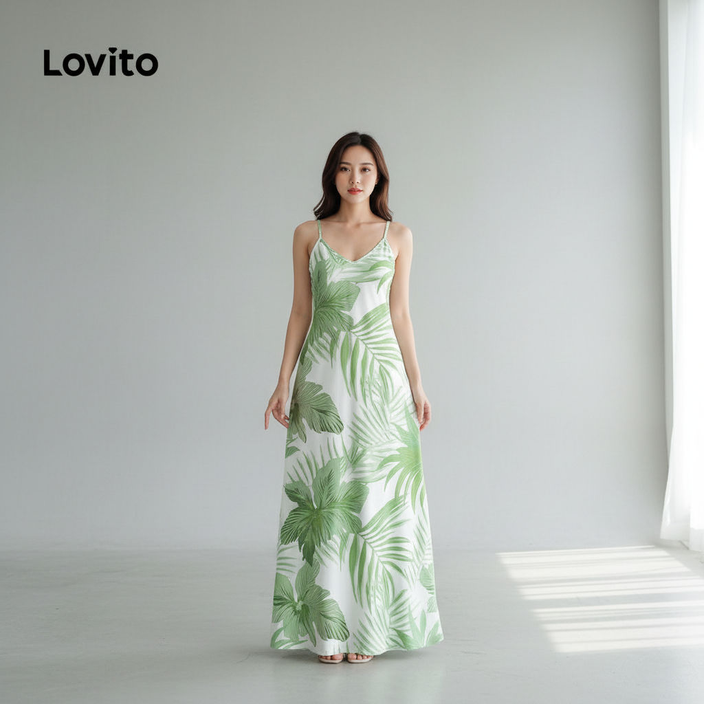 Lovito Refine Vestido Longo Estampado Boho Linha Estruturada Verde Primavera/Verão para Mulheres LBL32251