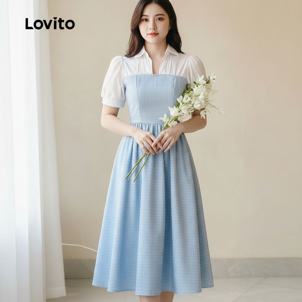 Lovito Refine Vestido Feminino Casual em Tons de Azul para Primavera Verão L158AD176 em Oferta na Shopee
