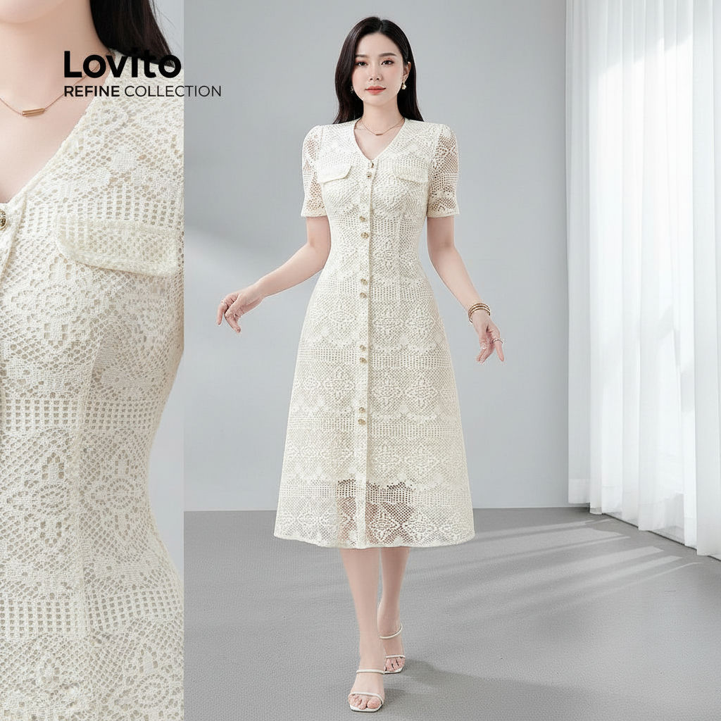Lovito Refine Vestido Feminino Branco com Botão para Verão Elegante LR23E427 em Oferta na Shopee