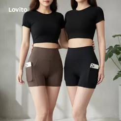 Lovito Casual Short de Alta Compressão para Yoga Levanta Bumbum Cintura Alta LNA124021