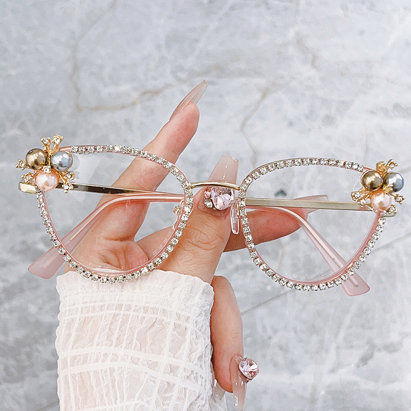 Moldura de óculos de luxo Flash Feminina Olho de Gato Pérola Diamante Anti Luz Azul Para Blogger de Moda Festa