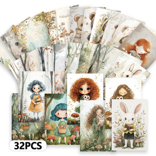  32 unidades, cartões-postais vintage com tema de floresta, cogumelos, meninas e animais, papel-cartão grosso, impressão