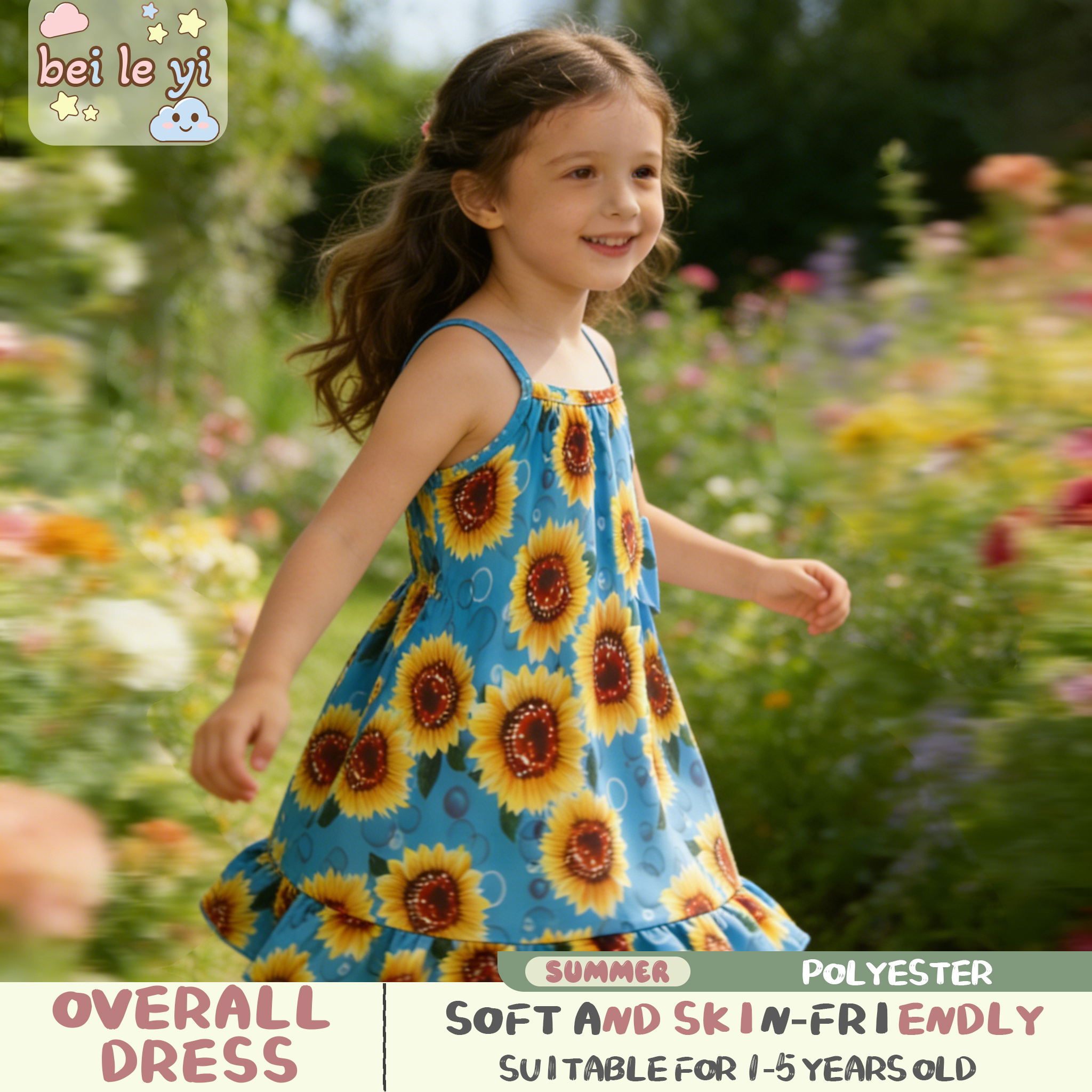 Vestido-suspensório estampado com girassol para bebês, 1-6 anos, vestido infantil, leve e respirável, macacão para bebês