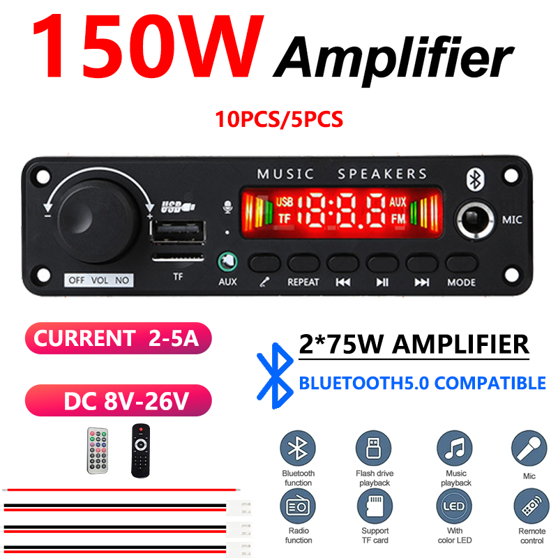 Placa amplificadora Bluetooth 2x75W 10/5 unidades 8V-26V tensão larga para áudio automotivo e DIY | com display digital