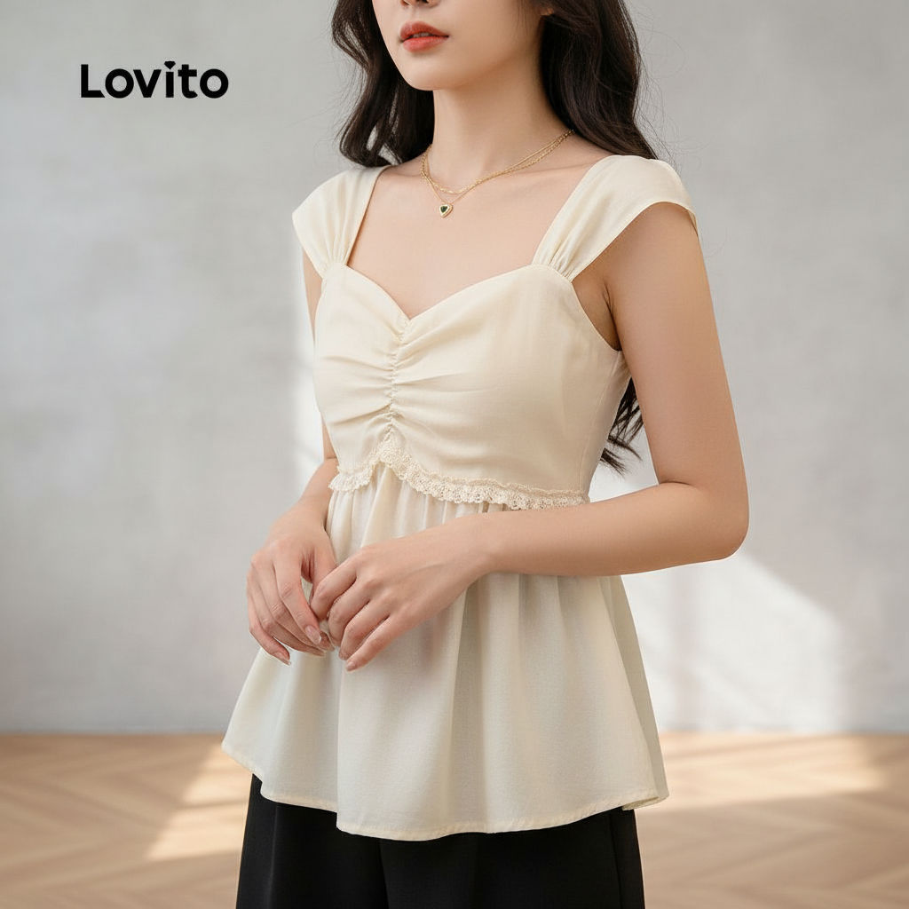 Lovito Blusa Feminina Casual Primavera Verão com Babados Rosa Pêssego L157ED498 em Oferta na Shopee