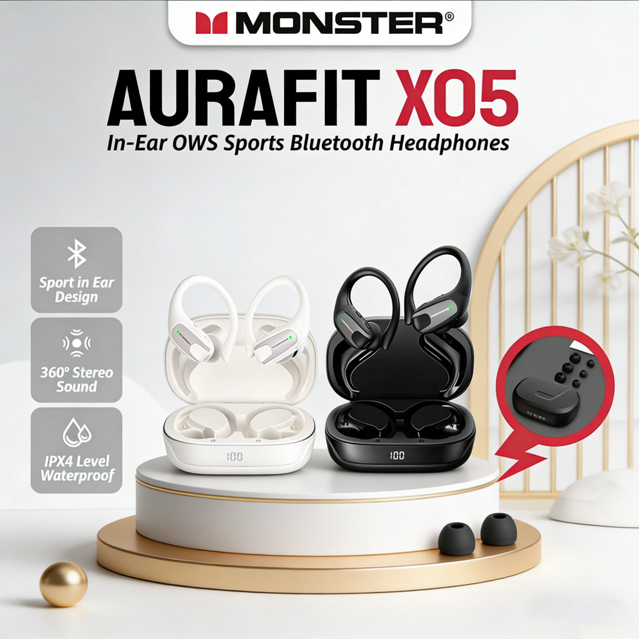  Fones de Ouvido Monster X05 – Sem Fio Bluetooth com Gancho Auricular, Microfone, Redução de Ruído Inteligente, Display
